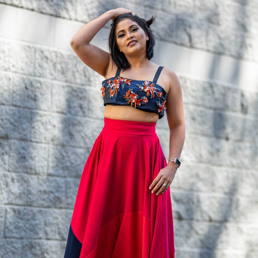 Tri-color Midi Skirt - Pink/Navy/Red